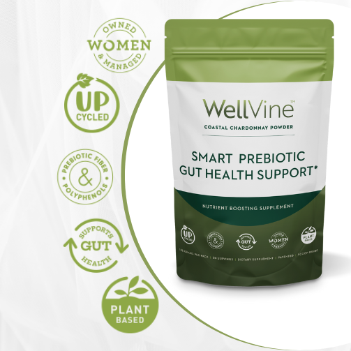 Key product features of WellVine prebiotic: plant-based, women-owned, gut health benefits