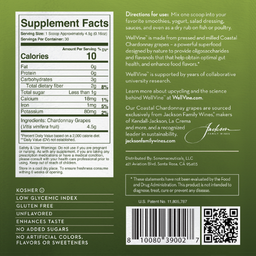 Close-up of supplement facts label for WellVine Coastal Chardonnay Prebiotic powder