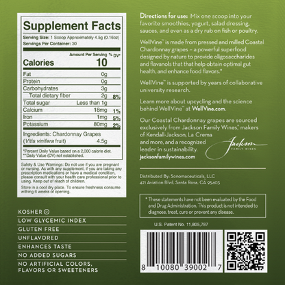 Close-up of supplement facts label for WellVine Coastal Chardonnay Prebiotic powder